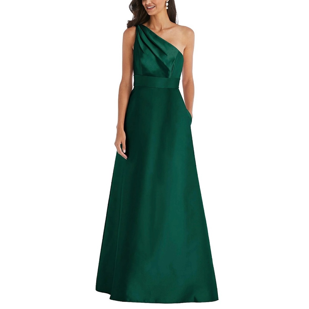 NEW Alfred Sung D815 Draped One Shoulder Satin Dress Gown Hunter Green Size 16